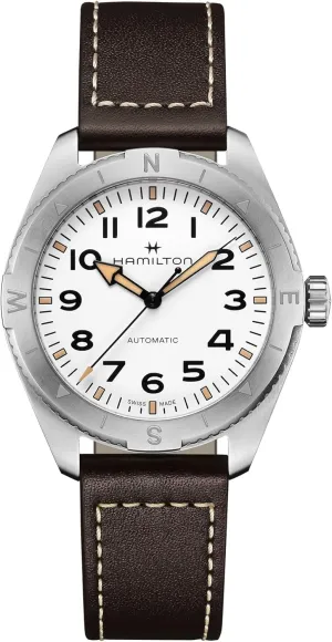 Hamilton Watch Khaki Field Expedition Auto | Swiss Made | 41mm Stainless Steel Case | White Dial Analog Watch | Brown Leather Strap (Model: H70315510)