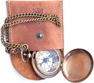 Handmade Nautical Brass Push Open Compass On Chain with Leather Case Pocket Compass Gift Compass Rustic Vintage Home Decor Gifts