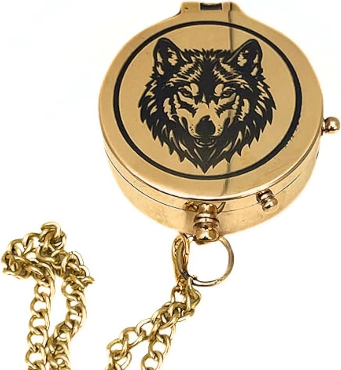 Handmade Shiny Brass Pocket Compass with Chain Engraved Wolf Design Vintage Magnetic Directional Tool for Travel and Collectors