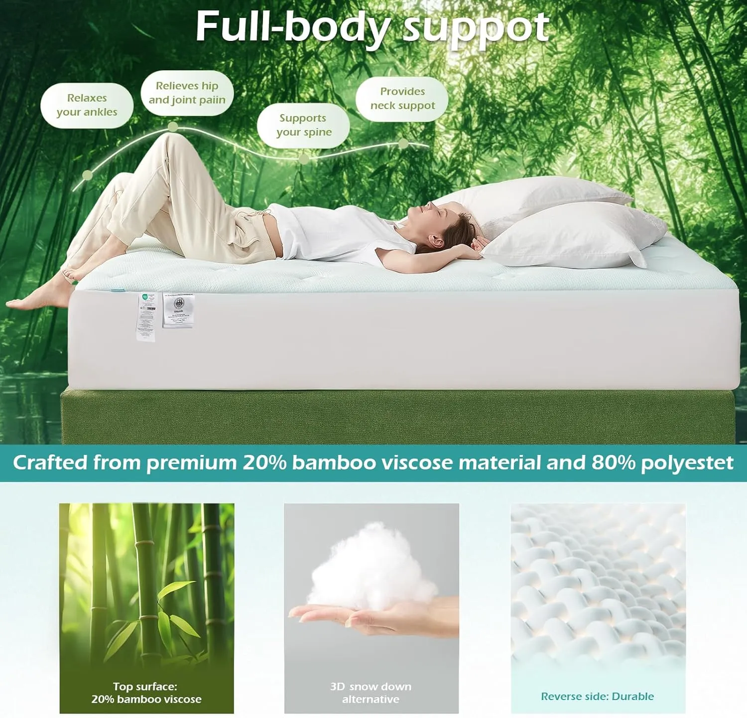 Hansleep Memory Foam Mattress Topper Queen, Pillow Top Mattress Pad Viscose Derived from Bamboo with Deep Pocket, Breathable Mattress Topper for Back Pain Relief, 60" x 80", White