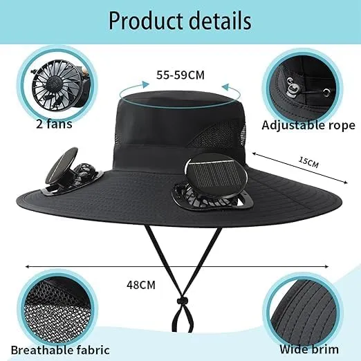 Hat with Fans Solar Power, Solar Fan Hat, 2 Solar Fan Sun Bucket Hat for Men Women UPF 50  Bucket Fishing & Beach