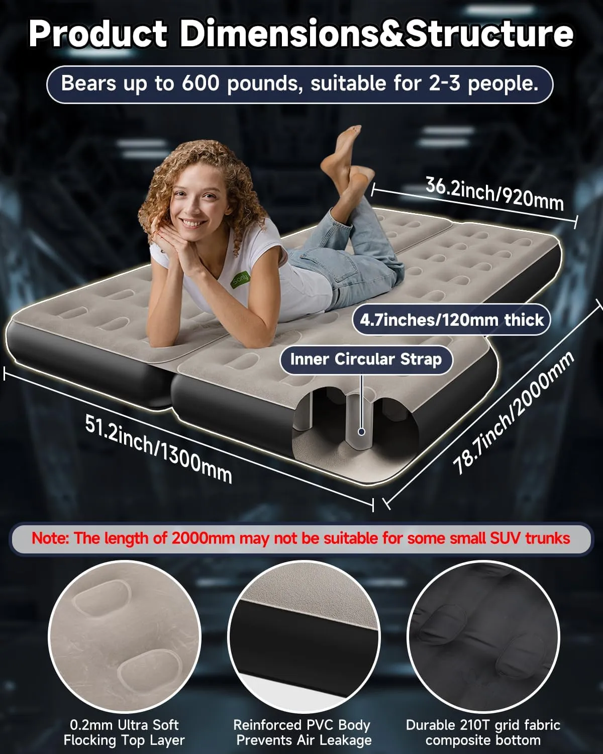 Heavy-Duty Durability SUV Air Mattress for Car Bed Camping: Soft Flocked Top, Leakproof PVC Core, Extra Thick 210T Bottom, Quick Set-Up w/Electric Pump, Built to Last for Van and Trunk Airbeds