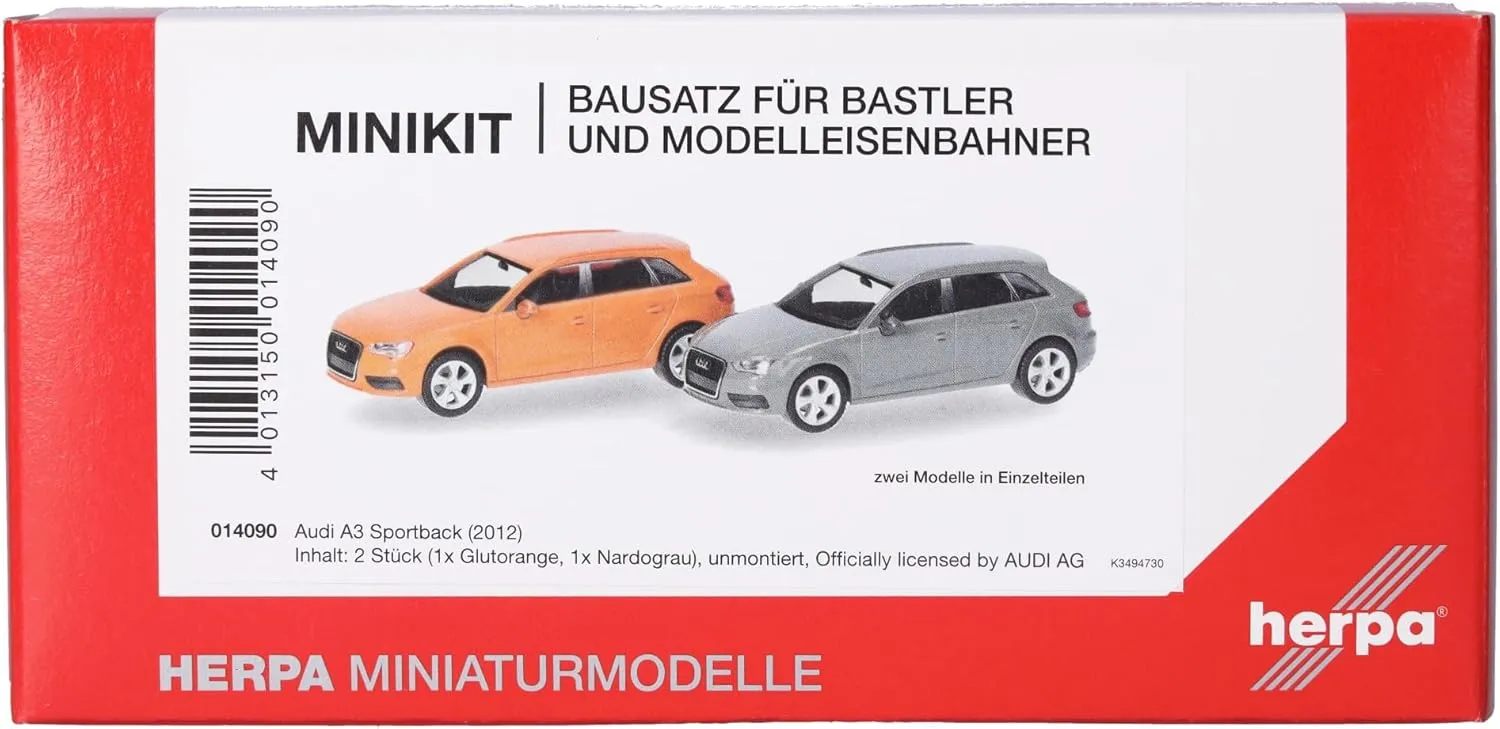 Herpa Model kit MiniKit Audi A3 Sportback (2012) in Bright Orange and Nardo Gray, 2 Pieces, 1:87 Scale Miniature, Collector’s Item, Model Building kit, Plastic