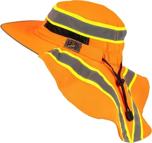 Hi-Visibility Reflective Safety Polyester UPF 50  Sun Hat, Wide Brim with Neck Flap, Breathable, Boonie Hat Bucket Cap