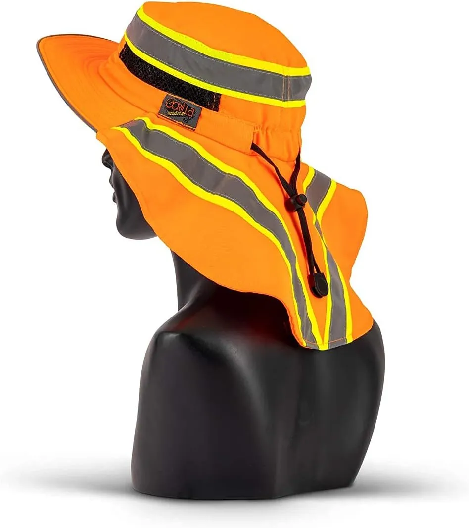 Hi-Visibility Reflective Safety Polyester UPF 50  Sun Hat, Wide Brim with Neck Flap, Breathable, Boonie Hat Bucket Cap