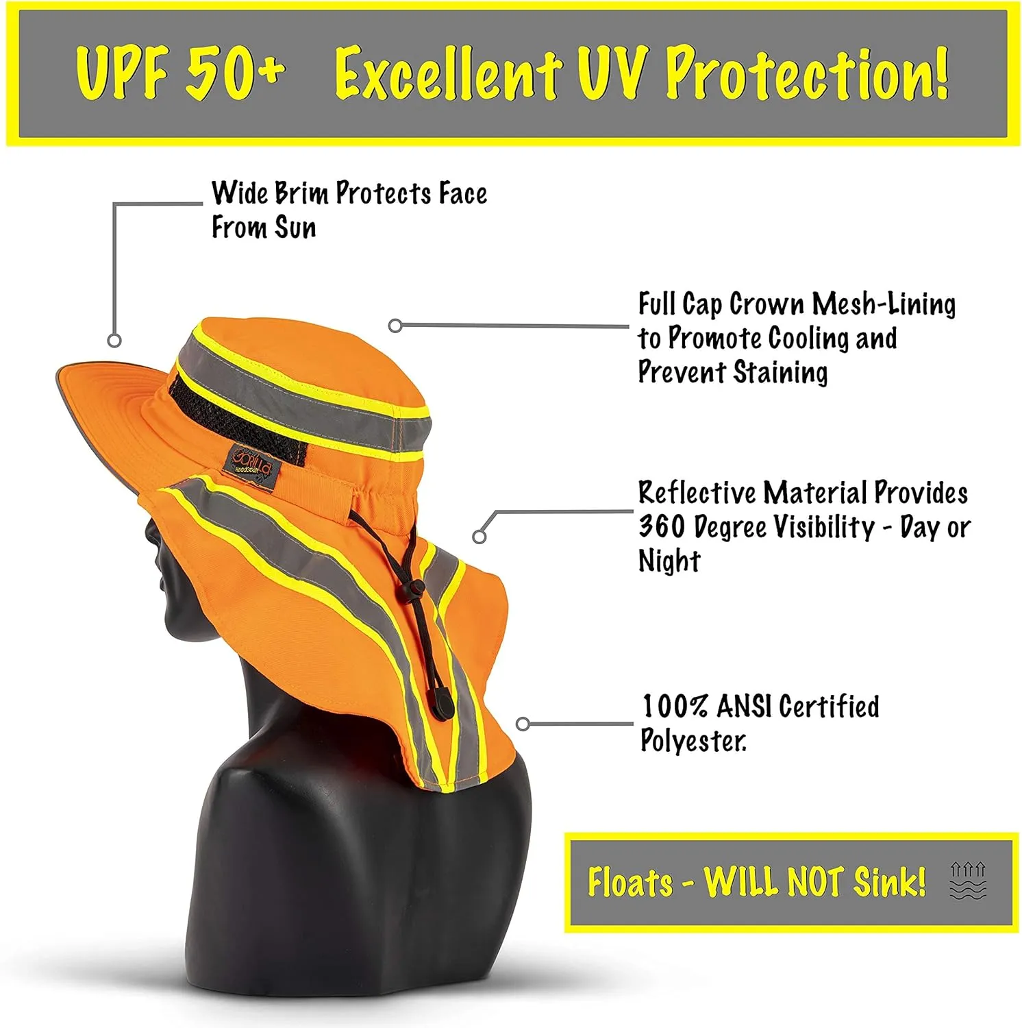 Hi-Visibility Reflective Safety Polyester UPF 50  Sun Hat, Wide Brim with Neck Flap, Breathable, Boonie Hat Bucket Cap