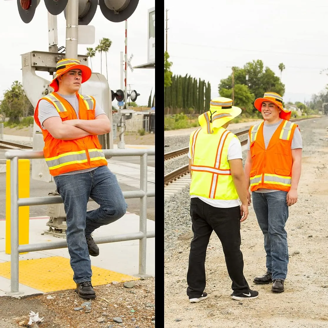 Hi-Visibility Reflective Safety Polyester UPF 50  Sun Hat, Wide Brim with Neck Flap, Breathable, Boonie Hat Bucket Cap