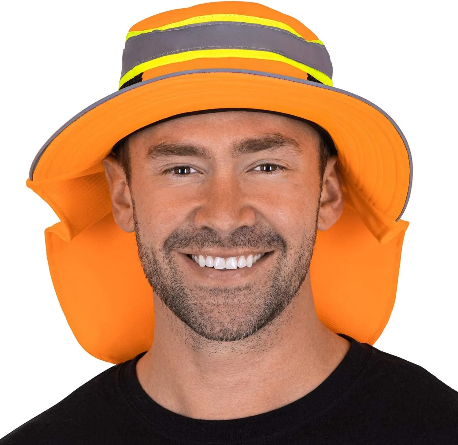 Hi-Visibility Reflective Safety Polyester UPF 50  Sun Hat, Wide Brim with Neck Flap, Breathable, Boonie Hat Bucket Cap