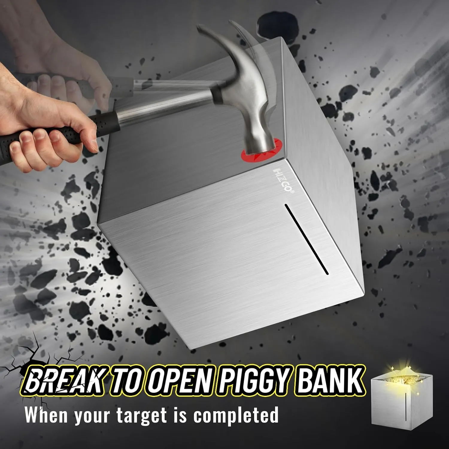 hizgo Piggy Bank for Adults Stainless Steel Savings Bank to Help Budget and Save Must Break to Access Money（7.9 inch）