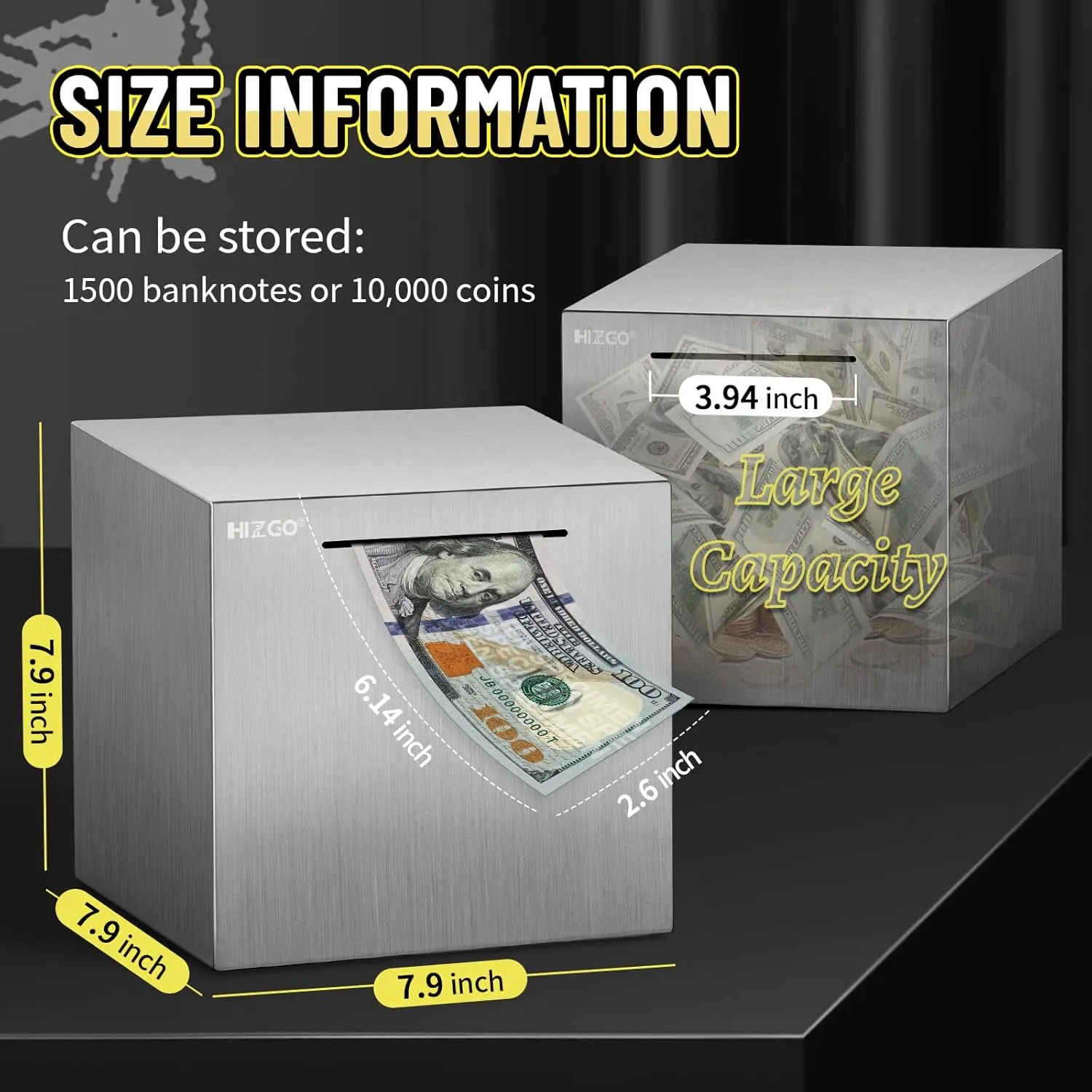 hizgo Piggy Bank for Adults Stainless Steel Savings Bank to Help Budget and Save Must Break to Access Money（7.9 inch）