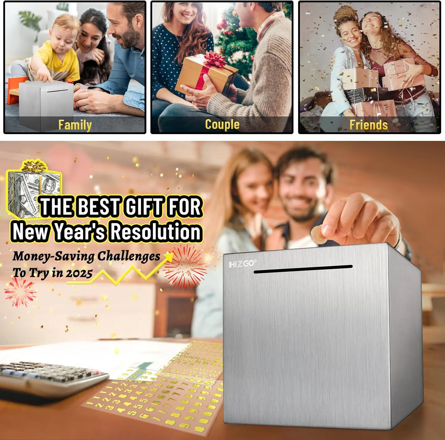 hizgo Piggy Bank for Adults Stainless Steel Savings Bank to Help Budget and Save Must Break to Access Money（7.9 inch）