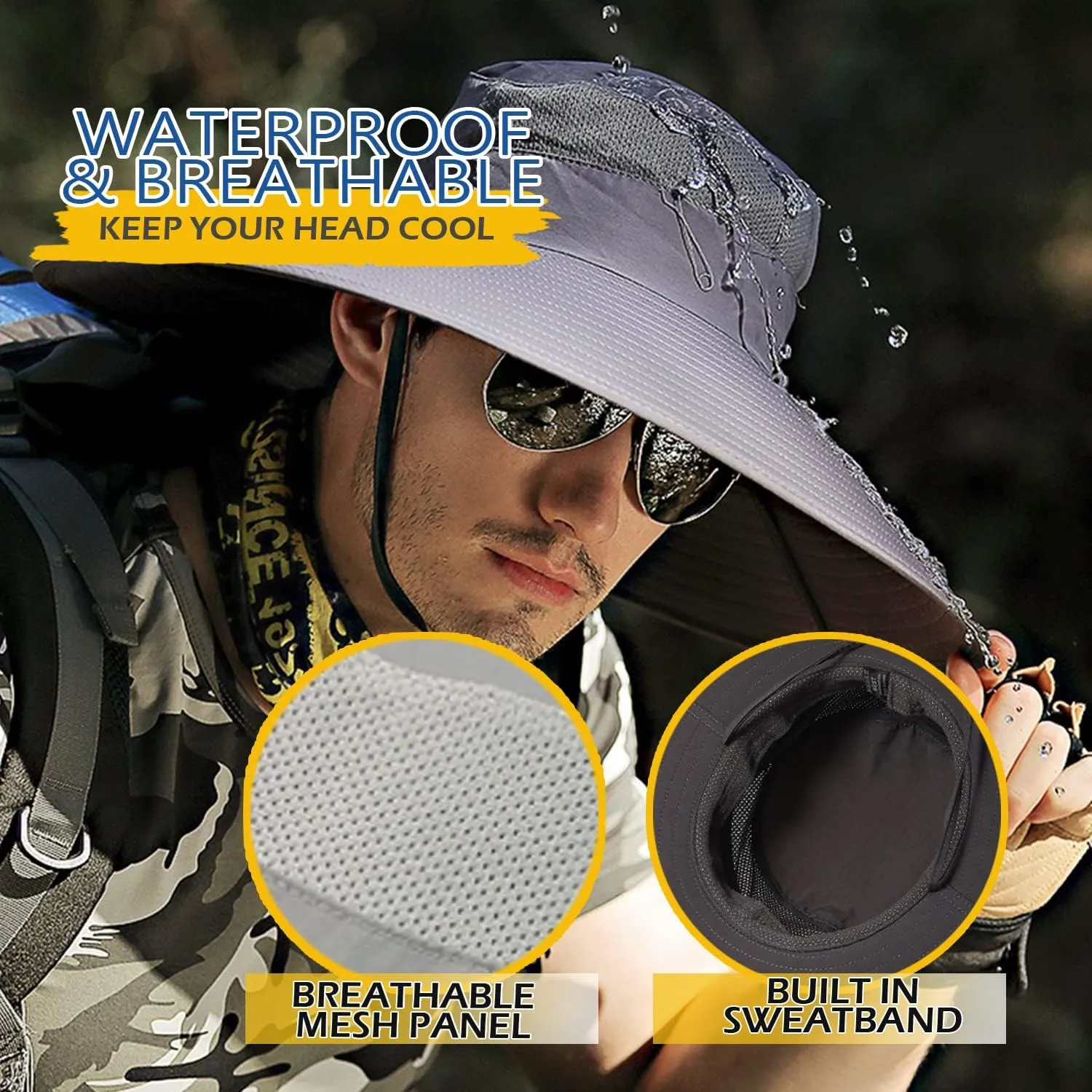 HLLMAN Men's Wide Brim Sun Hat-UPF 50  Protection,Waterproof Bucket Hat for Fishing, Hiking, Camping,Breathable Nylon & Mesh