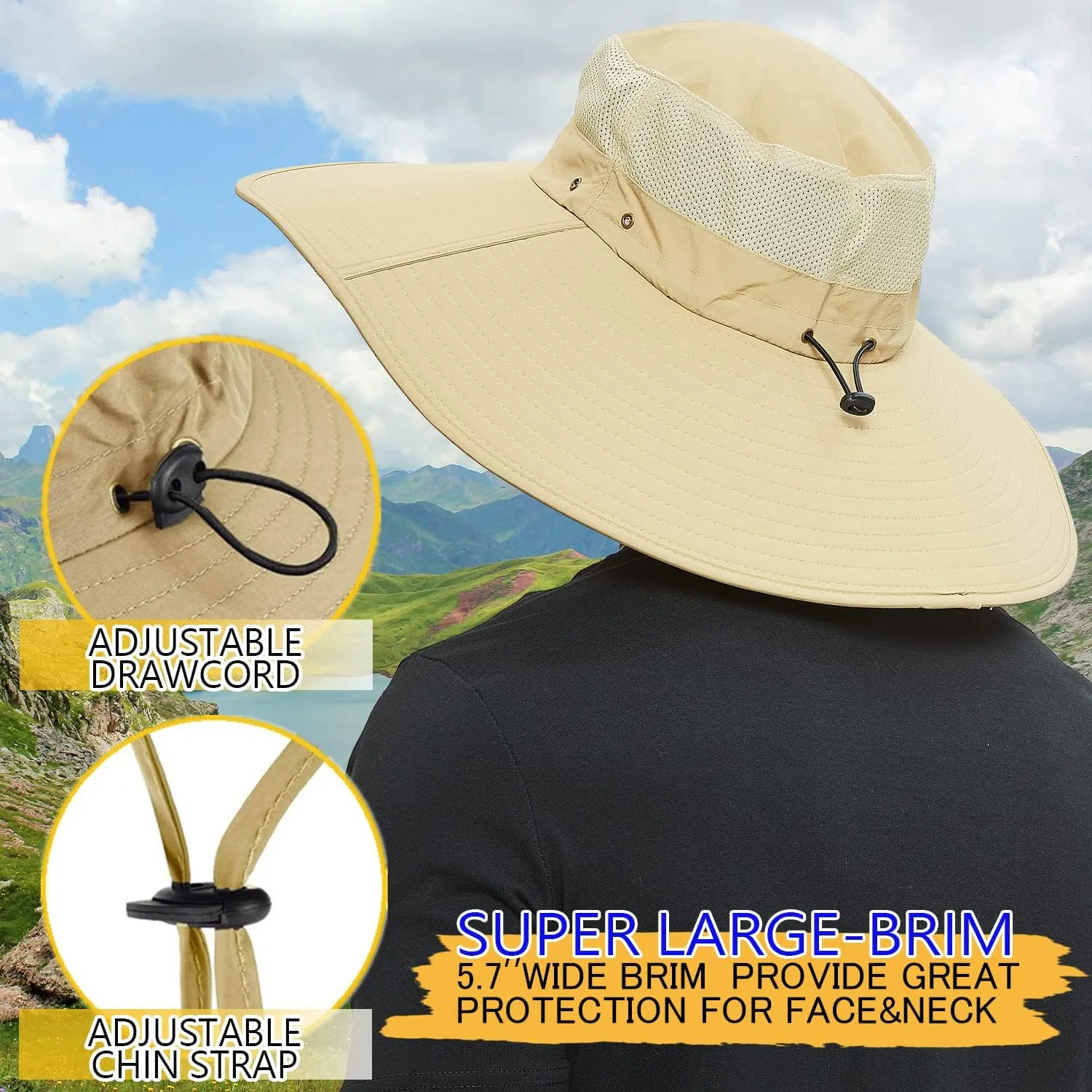 HLLMAN Men's Wide Brim Sun Hat-UPF 50  Protection,Waterproof Bucket Hat for Fishing, Hiking, Camping,Breathable Nylon & Mesh
