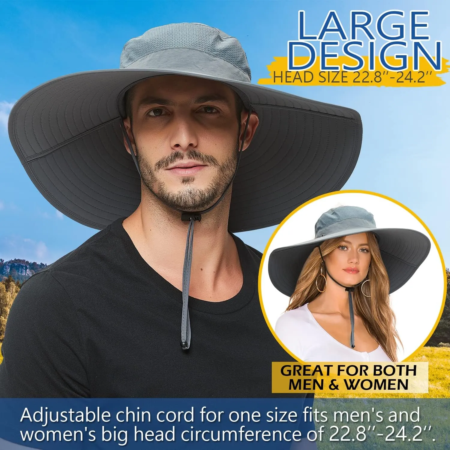 HLLMAN Men's Wide Brim Sun Hat-UPF 50  Protection,Waterproof Bucket Hat for Fishing, Hiking, Camping,Breathable Nylon & Mesh