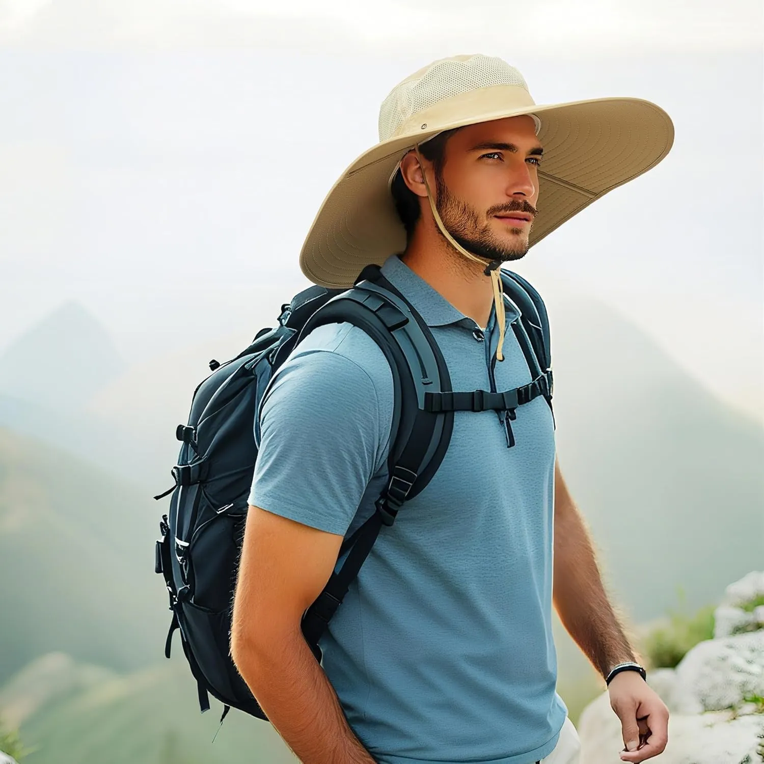 HLLMAN Men's Wide Brim Sun Hat-UPF 50  Protection,Waterproof Bucket Hat for Fishing, Hiking, Camping,Breathable Nylon & Mesh