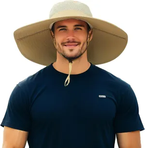 HLLMAN Men's Wide Brim Sun Hat-UPF 50  Protection,Waterproof Bucket Hat for Fishing, Hiking, Camping,Breathable Nylon & Mesh
