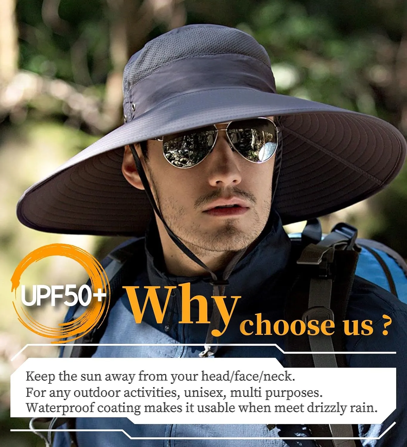 HLLMAN Men's Wide Brim Sun Hat-UPF 50  Protection,Waterproof Bucket Hat for Fishing, Hiking, Camping,Breathable Nylon & Mesh