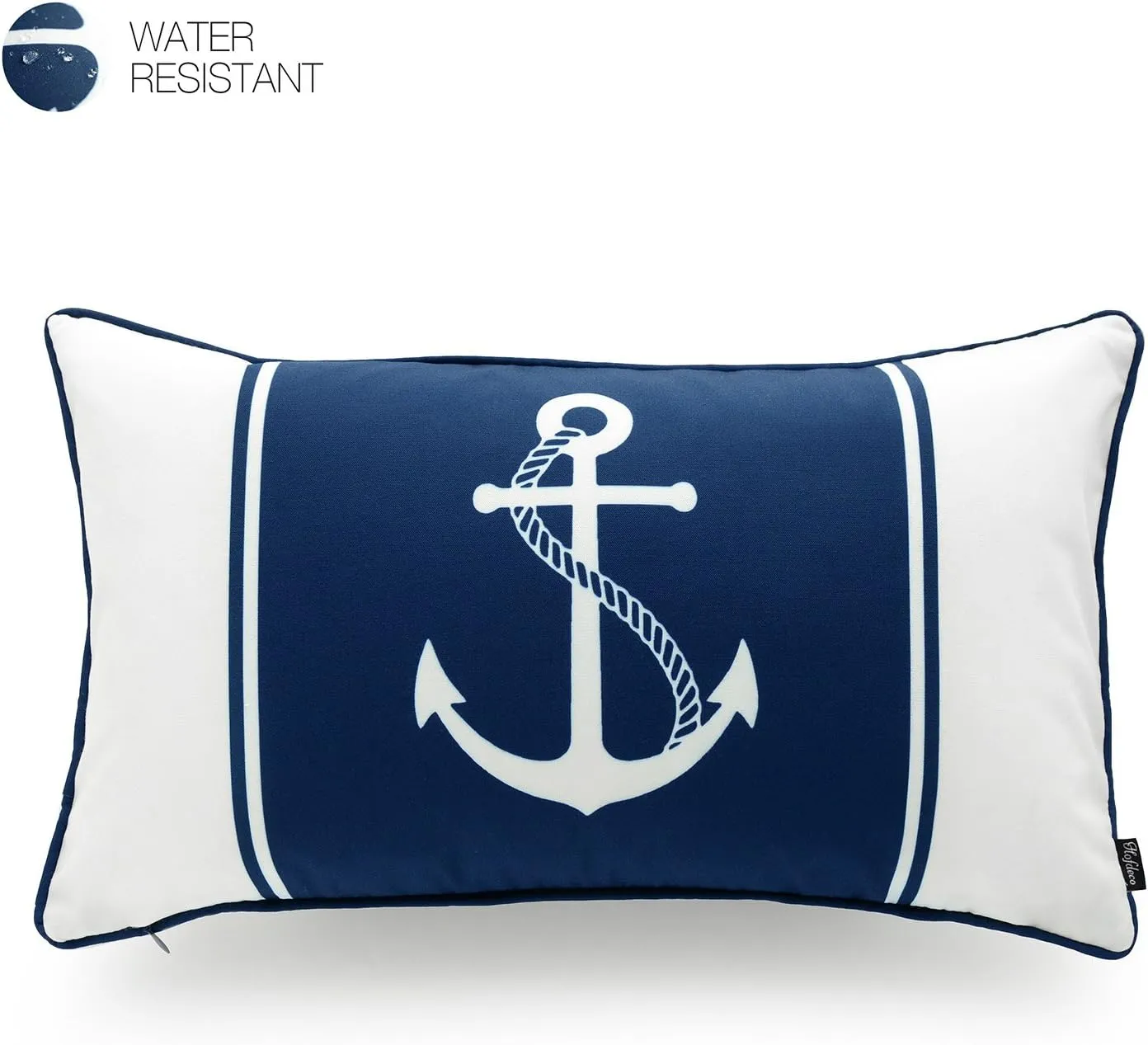 Hofdeco Nautical Indoor Outdoor Pillow Cover ONLY, Water Resistant for Patio Lounge Sofa, Navy Blue Compass Anchor, 12"x20", Set of 2