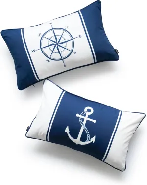 Hofdeco Nautical Indoor Outdoor Pillow Cover ONLY, Water Resistant for Patio Lounge Sofa, Navy Blue Compass Anchor, 12"x20", Set of 2