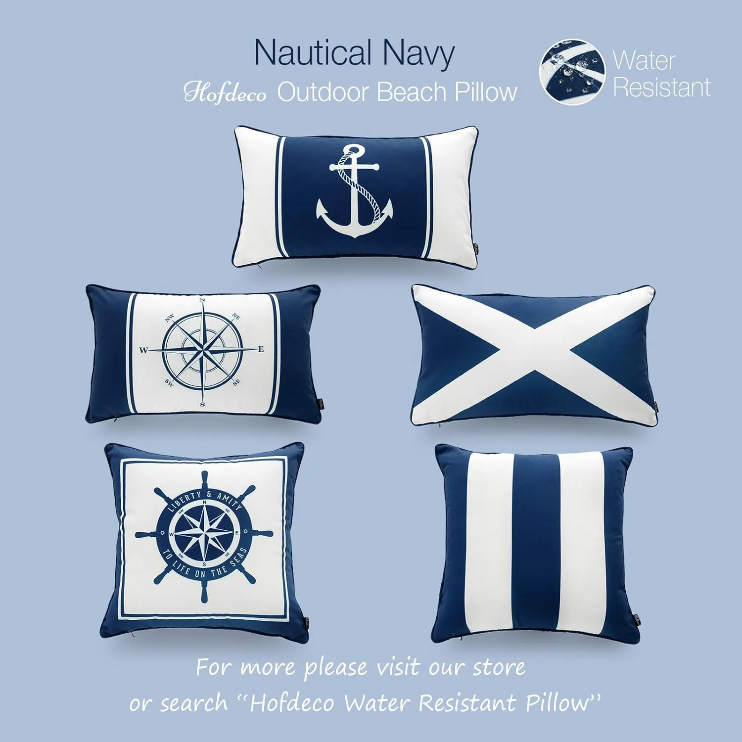Hofdeco Nautical Indoor Outdoor Pillow Cover ONLY, Water Resistant for Patio Lounge Sofa, Navy Blue Compass Anchor, 12"x20", Set of 2