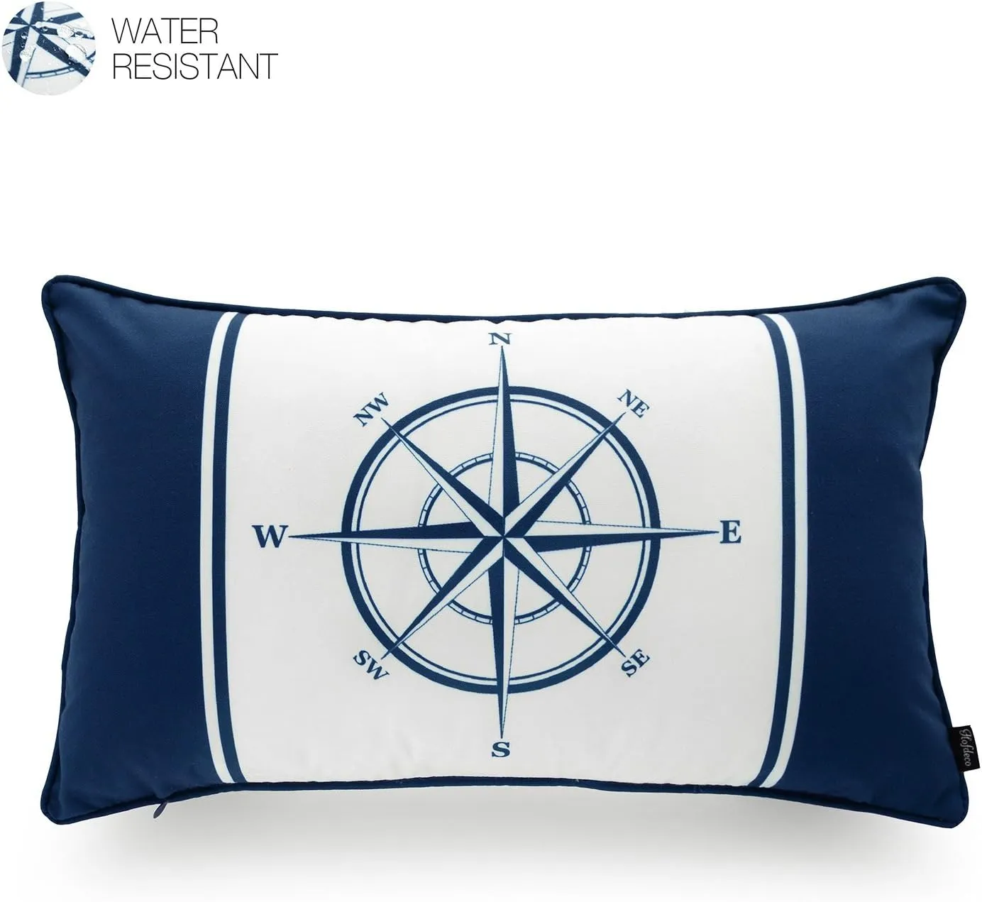 Hofdeco Nautical Indoor Outdoor Pillow Cover ONLY, Water Resistant for Patio Lounge Sofa, Navy Blue Compass Anchor, 12"x20", Set of 2