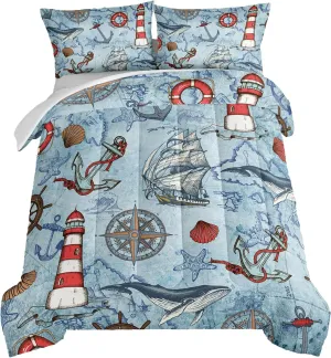 HOSIMA Anchor Nautical Bedding Sets,Vintage Sail Boat Lighthouse Compass Bedding Sets Queen Size,Whale Starfish Printed Comforter for Kids Teens Room Decor,Coastal Theme Bedding with 2 Pillowcases.