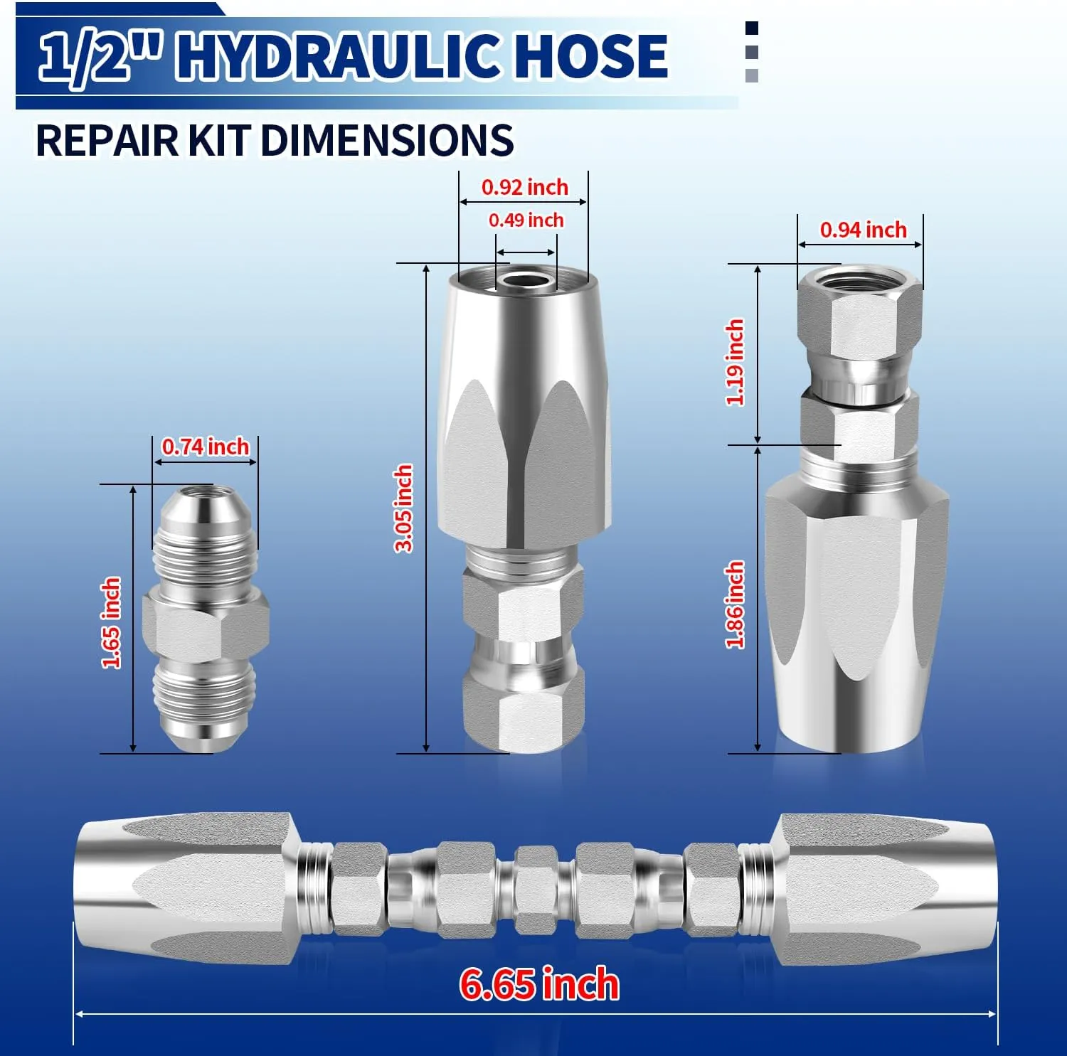 Hydraulic Hose Repair Kit, 1/2" Hydraulic Hose Field Repair Kit, 2pcs Reusable Heavy Duty Galvanized Carbon Steel Fittings