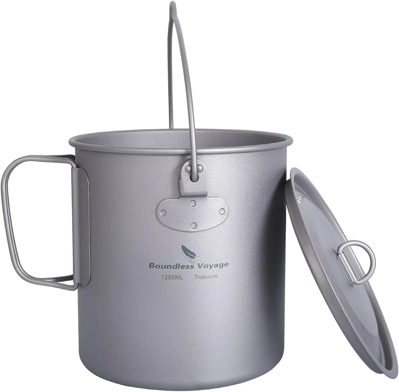 iBasingo 1250ml Titanium Hanging Mug with Lid Tea Coffee Water Cup Outdoor Camping Pot Ultra-light Portable Hiking Backpacking Cooking Kit Picnic Tableware Drinkware with Foldable Handle Ti3042D