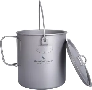 iBasingo 1250ml Titanium Hanging Mug with Lid Tea Coffee Water Cup Outdoor Camping Pot Ultra-light Portable Hiking Backpacking Cooking Kit Picnic Tableware Drinkware with Foldable Handle Ti3042D
