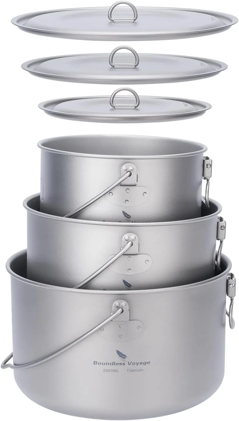 iBasingo 3-Piece Titanium Pot Set (1.3L 1.95L 2.9L) with Lids Ultralight Camping Cookware for Backpacking, Hiking & Outdoor Cooking, Nesting Backpacker Pots with Measurement Marks Ti2056C