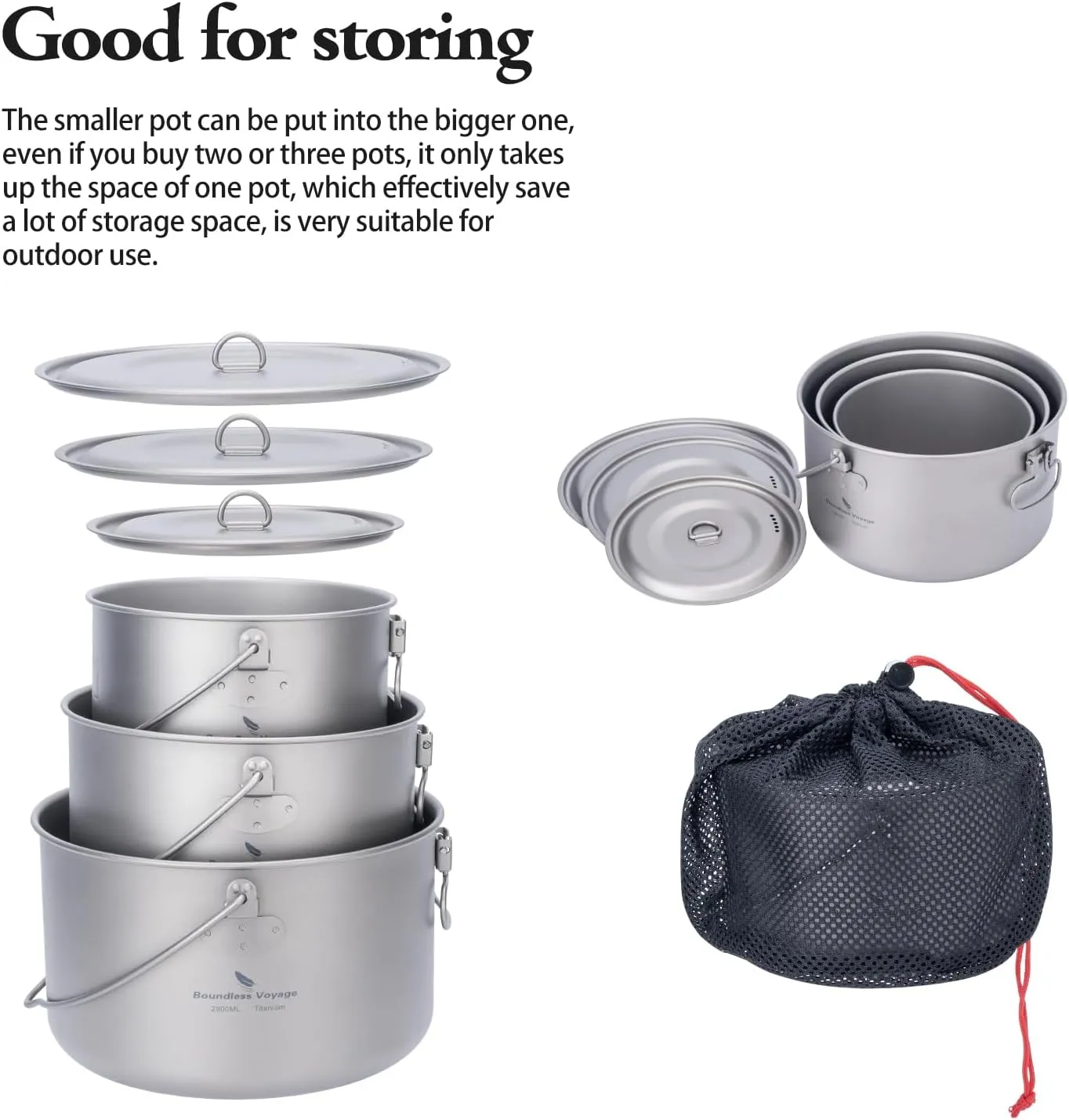 iBasingo 3-Piece Titanium Pot Set (1.3L 1.95L 2.9L) with Lids Ultralight Camping Cookware for Backpacking, Hiking & Outdoor Cooking, Nesting Backpacker Pots with Measurement Marks Ti2056C