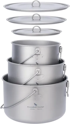 iBasingo 3-Piece Titanium Pot Set (1.3L 1.95L 2.9L) with Lids Ultralight Camping Cookware for Backpacking, Hiking & Outdoor Cooking, Nesting Backpacker Pots with Measurement Marks Ti2056C