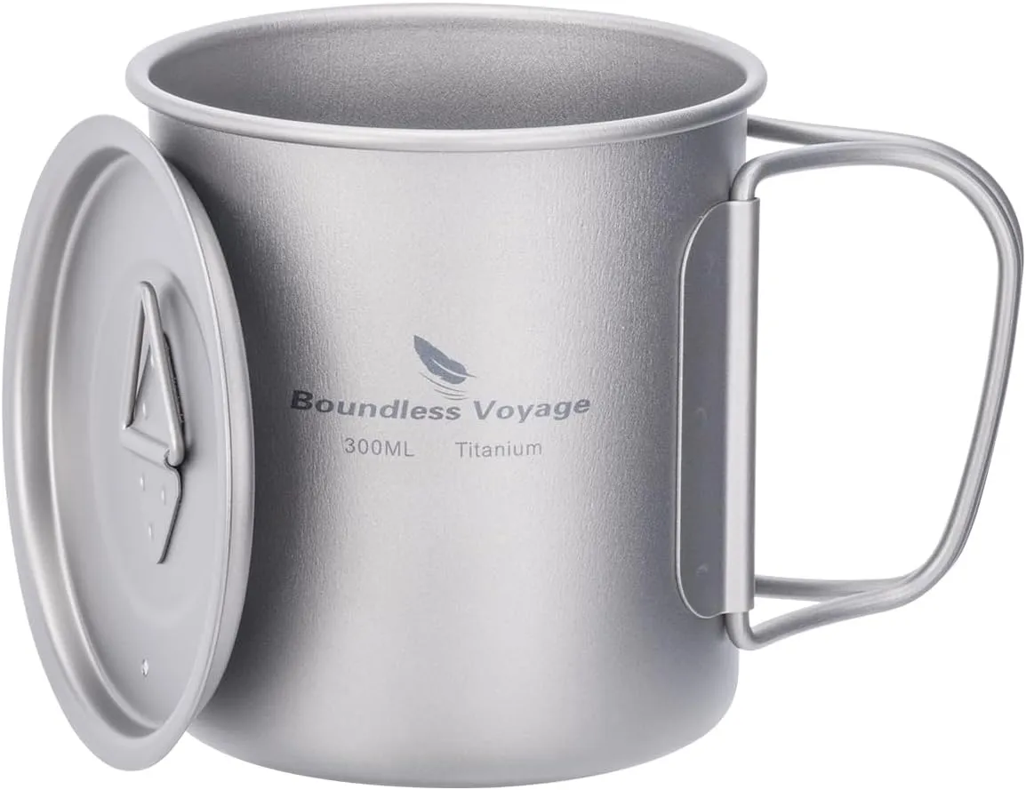 iBasingo 300ml Titanium Mug with Lid Tea Coffee Water Cup Outdoor Camping Pot Ultra-light Portable Hiking Backpacking Cooking Kit Picnic Tableware Drinkware with Foldable Handle Ti3034D