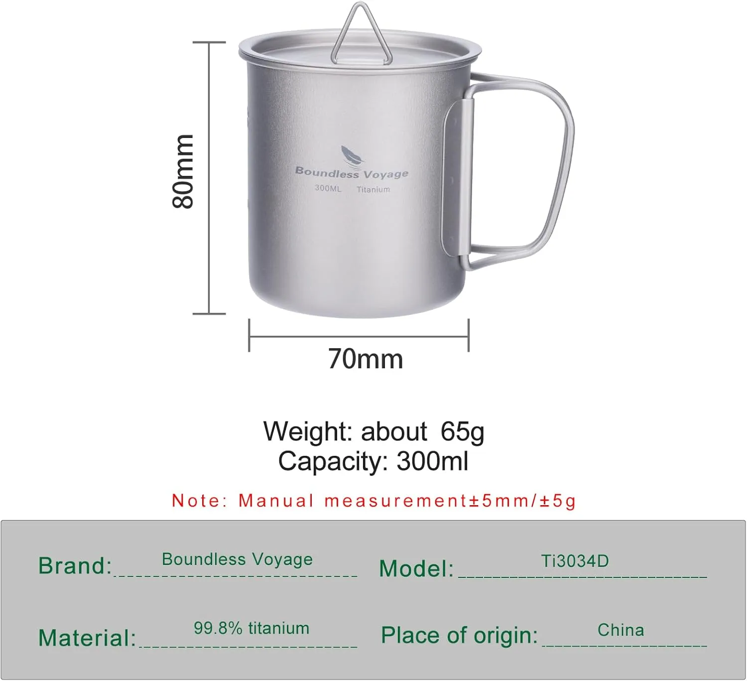 iBasingo 300ml Titanium Mug with Lid Tea Coffee Water Cup Outdoor Camping Pot Ultra-light Portable Hiking Backpacking Cooking Kit Picnic Tableware Drinkware with Foldable Handle Ti3034D