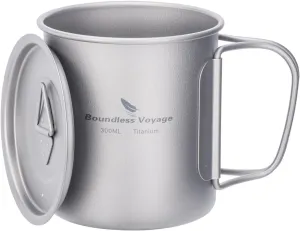 iBasingo 300ml Titanium Mug with Lid Tea Coffee Water Cup Outdoor Camping Pot Ultra-light Portable Hiking Backpacking Cooking Kit Picnic Tableware Drinkware with Foldable Handle Ti3034D
