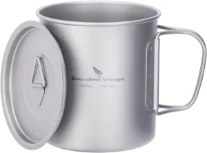 iBasingo 450ml Titanium Mug with Lid Tea Coffee Water Cup Outdoor Camping Pot Ultra-light Portable Hiking Backpacking Cooking Kit Picnic Tableware Drinkware with Foldable Handle Ti3035D