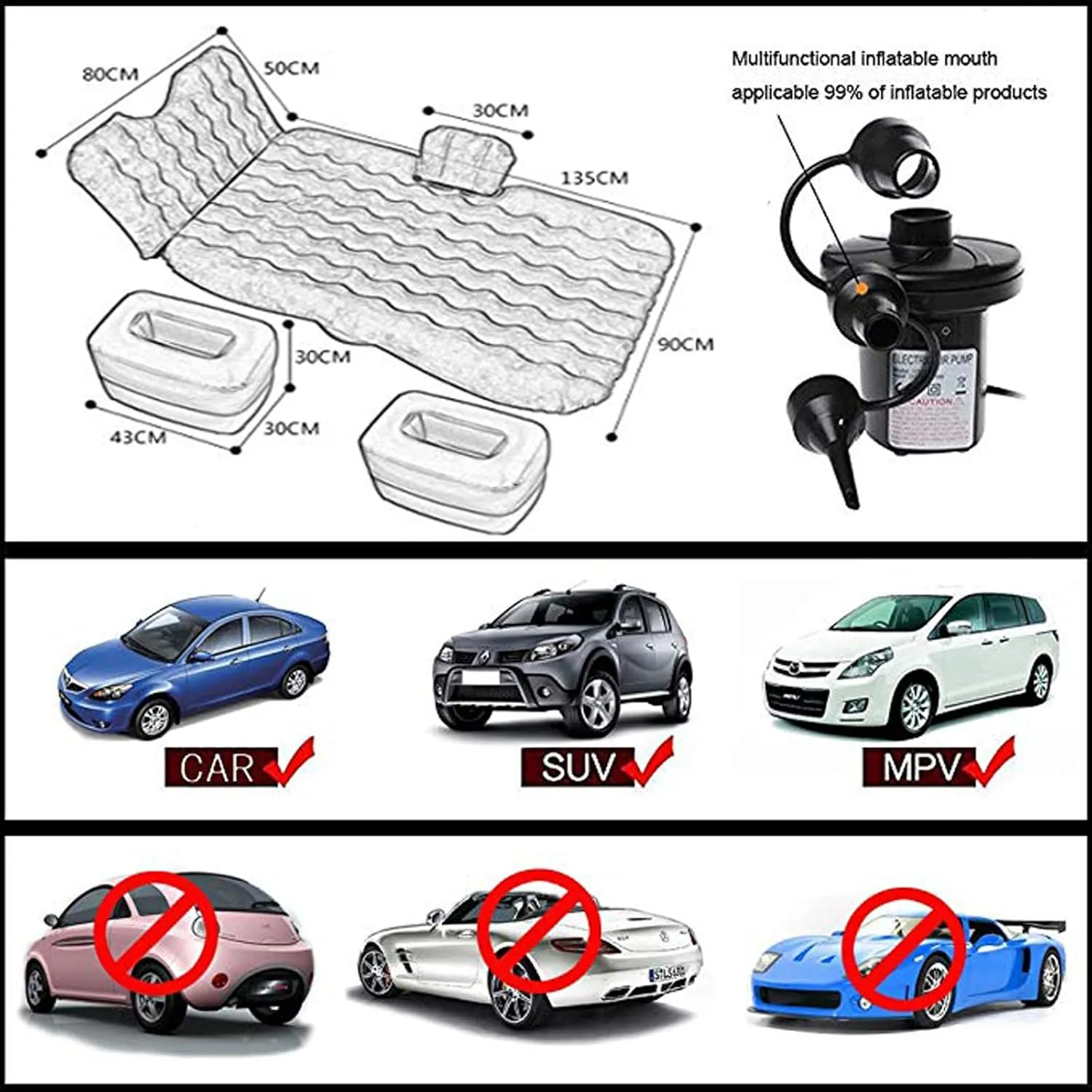 Inflatable Car Air Mattress Back Seat Bed,Thickened Car Travel Camping Air Mattress with Air Pump,Blow Up Bed Portable Car Sleeping Mattress for Car Universal SUV
