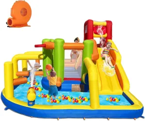 Inflatable Obstacle Bounce House, Kids Bounce House Water Park with Water Slides, Surprise Dump Bucket, Obstacles,Jumping, Tunnels, Climbing,Water Cannon, and Ball Shooting Frame