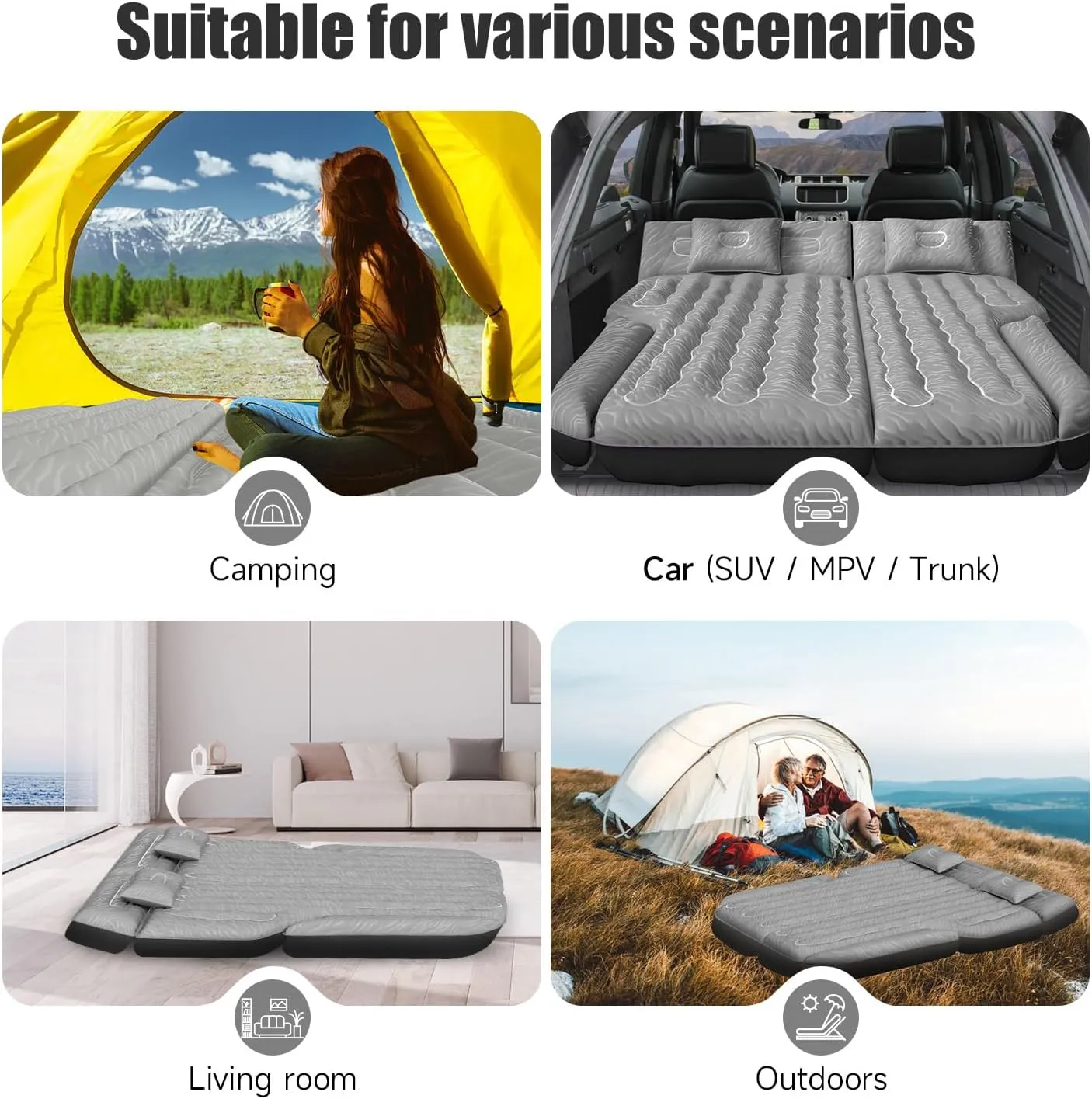 Inflatable SUV Air Mattress Bed Car Mattress for SUV, Double-Sided Flocking Travel Camping Bed Car Air Mattress, Car Sleeping Mattress Bed for Universal SUV with Car Air Pump 2 Pillows