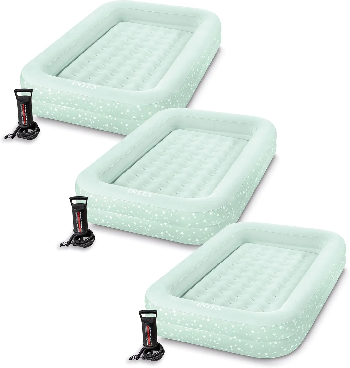 Intex Kids Travel Air Mattress Inflatable Bed Set with Raised Sides, Hand Pump, and Carrying Bag for Camping Trips and Sleepovers, (3 Pack)