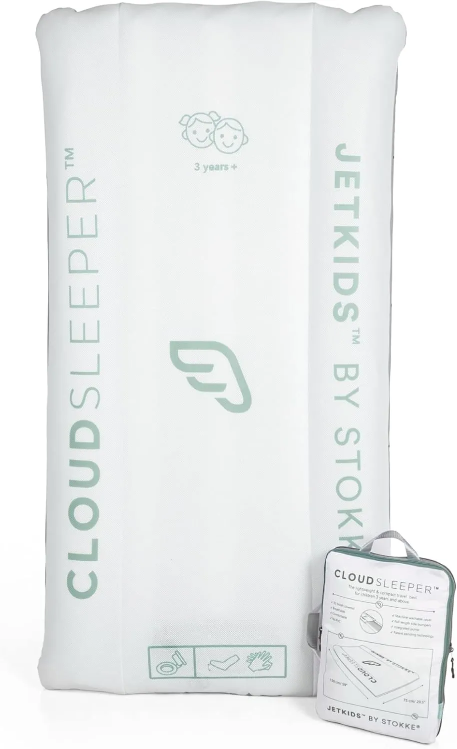 JetKids by Stokke CloudSleeper - Kids Inflatable Travel Bed - with Integrated Pump, Breathable Mesh Cover & Full-Length Bumpers to Keep Your Child Safe - Easy to Clean - for Ages 3 