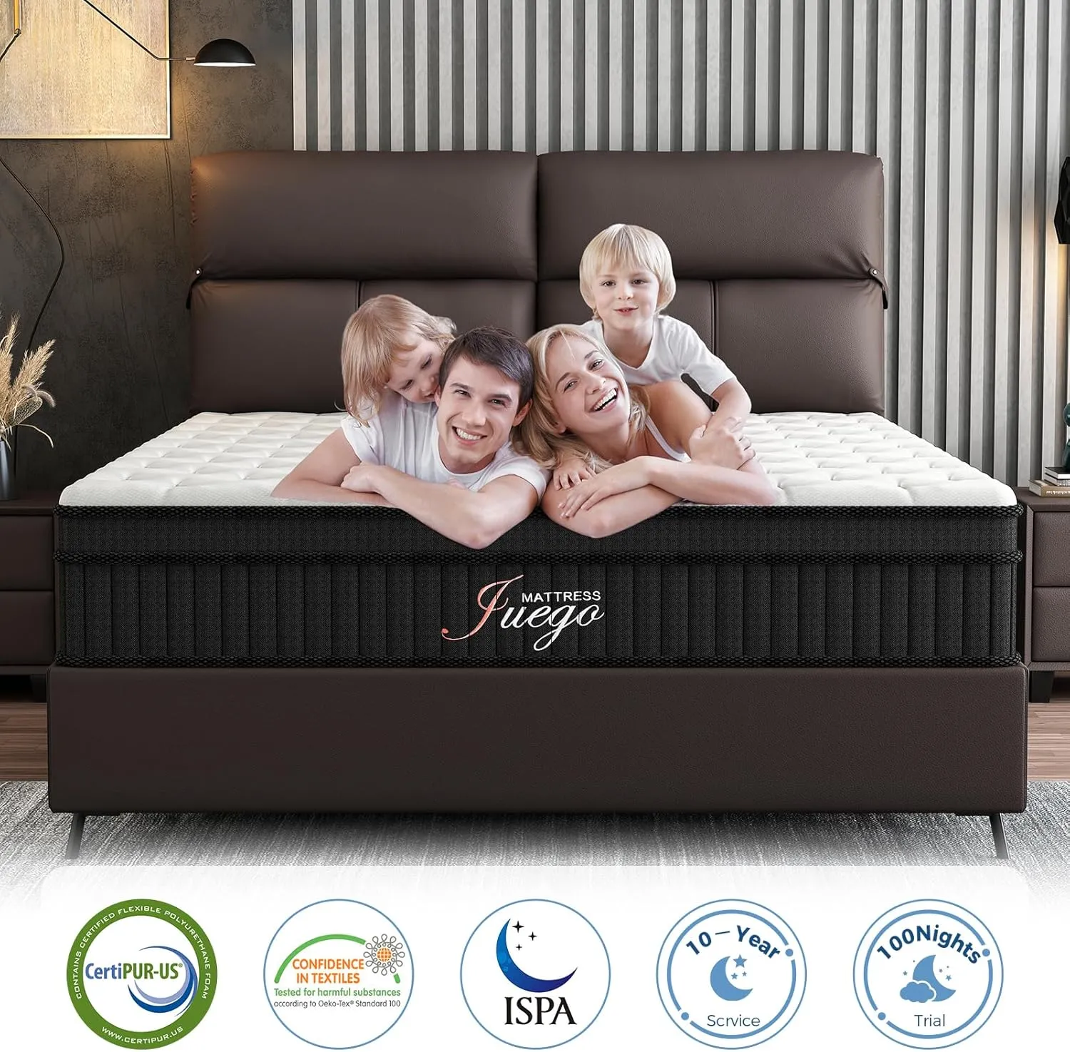 Juego Queen Mattress, 12 Inch Mixed Memory Foam Mattress. Bagged Spring, Zoned Pressure Relief, Medium Firm Feel, Motion Isolation, Deep Sleep, Certified Safe Foams and Fabric, CertiPUR-US,Black