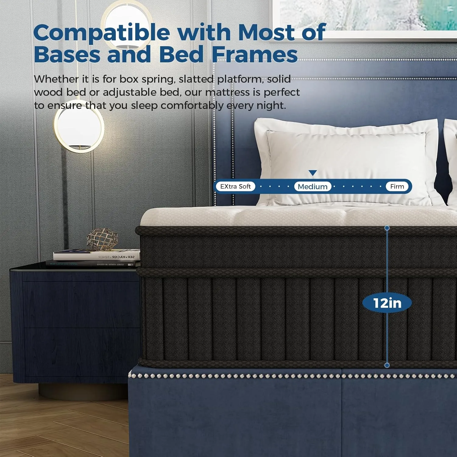 Juego Queen Mattress, 12 Inch Mixed Memory Foam Mattress. Bagged Spring, Zoned Pressure Relief, Medium Firm Feel, Motion Isolation, Deep Sleep, Certified Safe Foams and Fabric, CertiPUR-US,Black