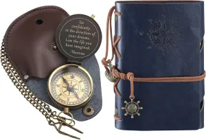 Kanayu 2 Pcs Compass Graduation Gift Compass with Stamped Leather Case and Leather Journal Notebook High School College Graduation Gifts for Him