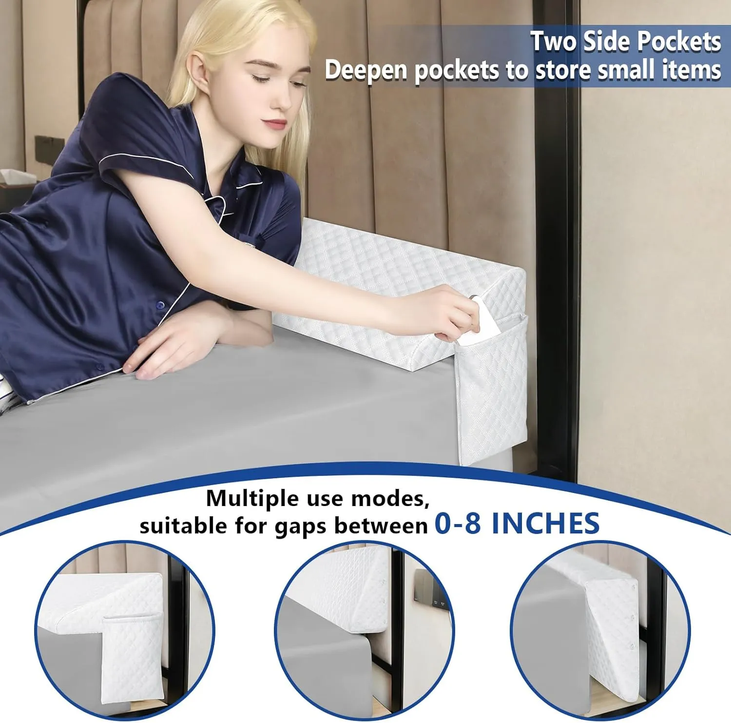 Kayfia King Size (76"x10"x4") Pillow Wedge for Headboard Gap Bed Gap Filller (0-8") Mattress Space Filler Pillow Stopper with 2 Side Pocket Triangle Foam Pillow Wedge Between Headboard Mattress(White)