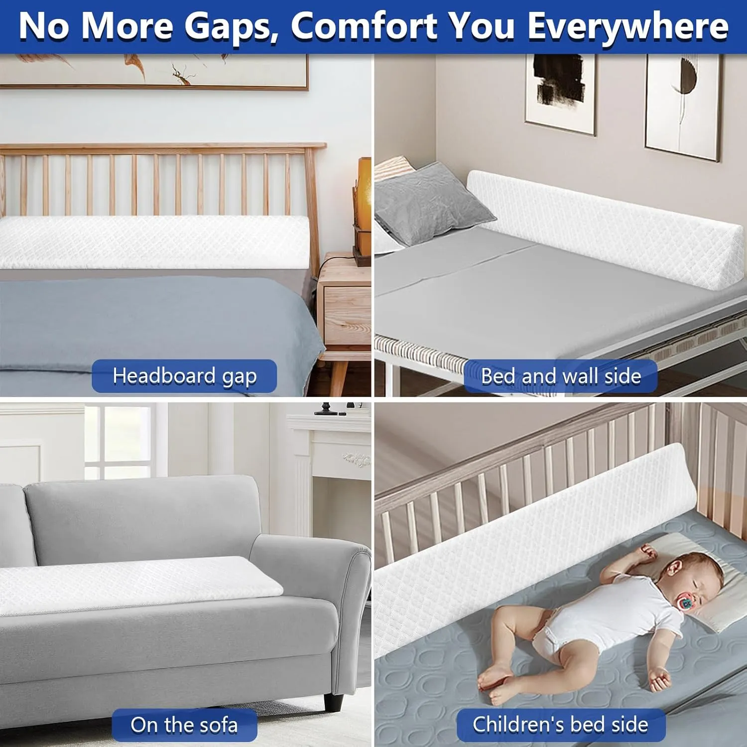 Kayfia King Size (76"x10"x4") Pillow Wedge for Headboard Gap Bed Gap Filller (0-8") Mattress Space Filler Pillow Stopper with 2 Side Pocket Triangle Foam Pillow Wedge Between Headboard Mattress(White)
