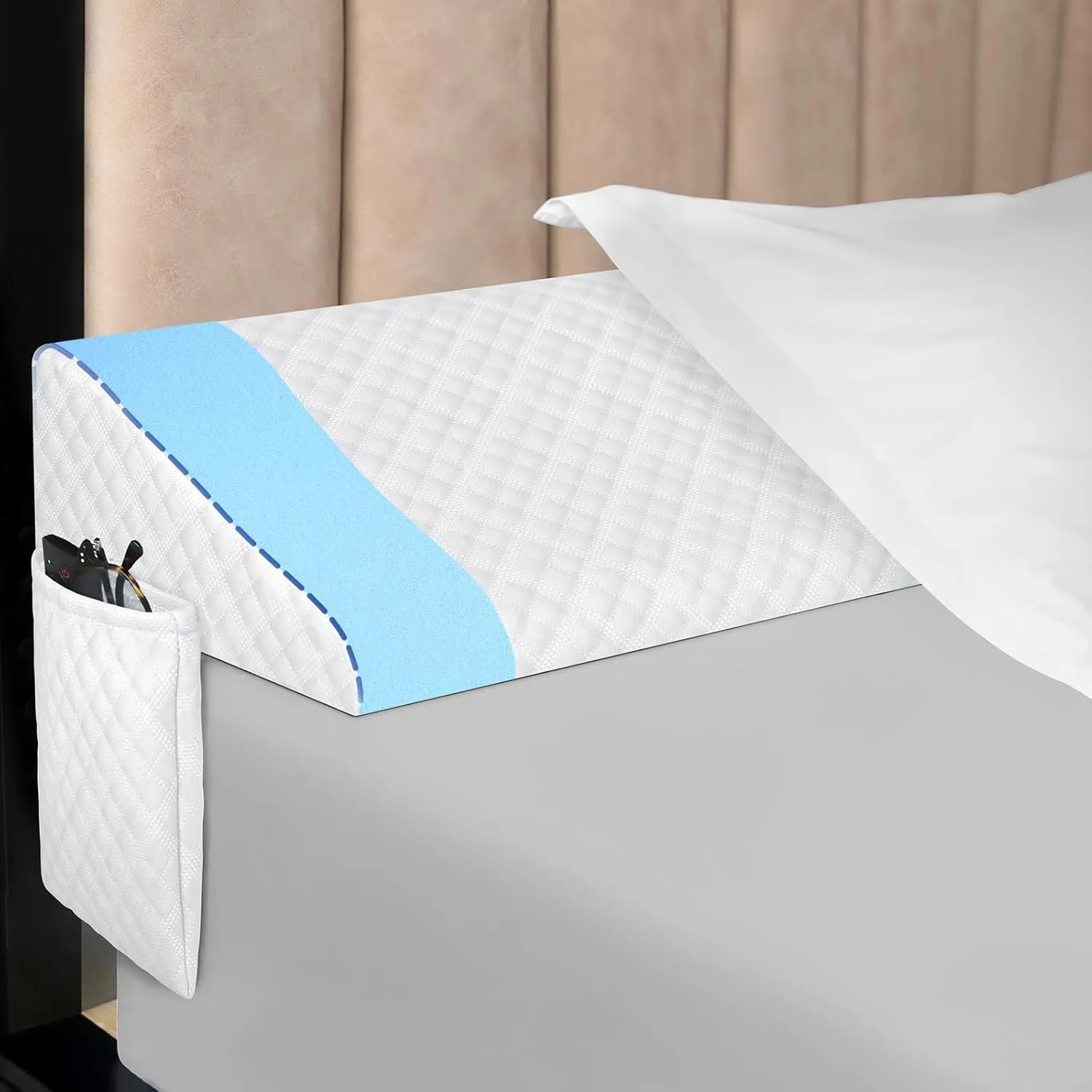 Kayfia King Size (76"x10"x4") Pillow Wedge for Headboard Gap Bed Gap Filller (0-8") Mattress Space Filler Pillow Stopper with 2 Side Pocket Triangle Foam Pillow Wedge Between Headboard Mattress(White)