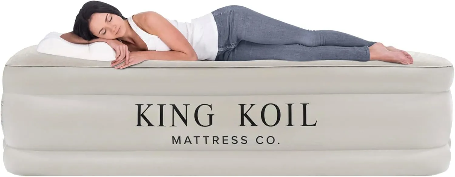 King Koil Luxury Queen Size Air Mattress with Built-in High-Speed Pump Best for Home, Camping, Guests, 13" Queen Size Luxury Double Airbed Adjustable Blow Up Mattress, Waterproof, 1-Year Warranty