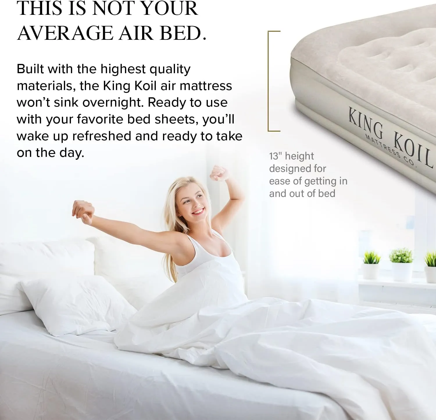 King Koil Luxury Queen Size Air Mattress with Built-in High-Speed Pump Best for Home, Camping, Guests, 13" Queen Size Luxury Double Airbed Adjustable Blow Up Mattress, Waterproof, 1-Year Warranty