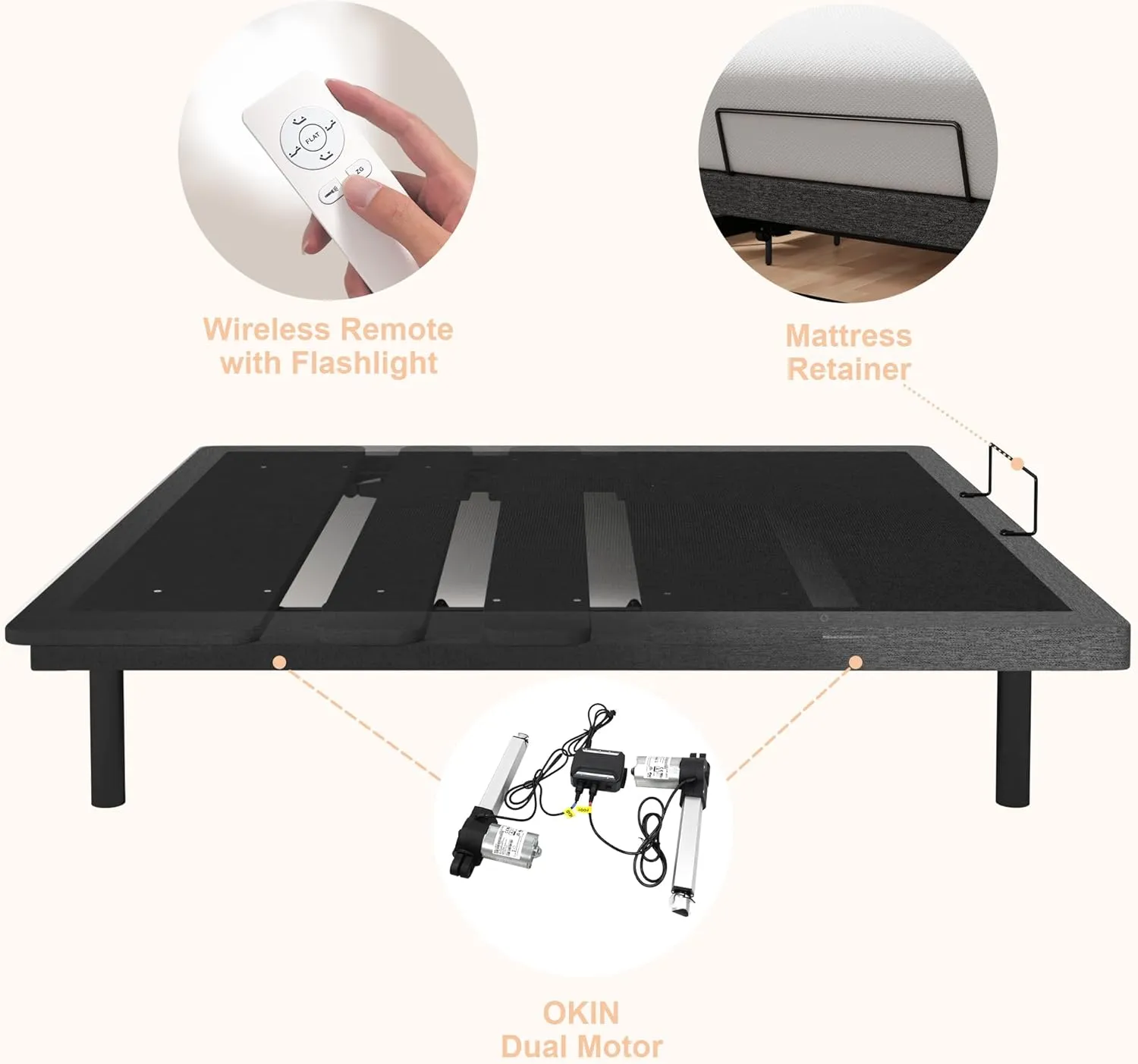 King Size Adjustable Bed Frame, Electric Bed Base, Wireless Remote Control, Whisper Quiet Durable Motor, Independent Head and Foot Incline, Padded Edge
